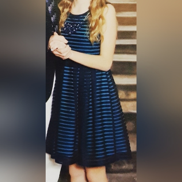 Striped Navy Blue and Teal Kids Dress - Picture 2 of 3